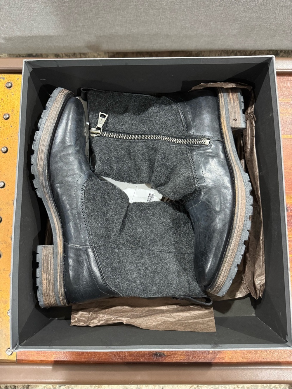 John Varvatos Black Leather and Gray Wool Zip Combat Boots